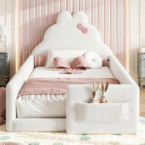 English Elm Full Cat Shaped PU Upholstered Kids Platform Bed with Guardrails Princess Bedroom Antique White Teddy Twin W5305S00215