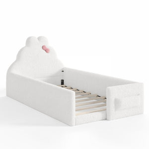 English Elm Full Cat Shaped PU Upholstered Kids Platform Bed with Guardrails Princess Bedroom Antique White Teddy Twin W5305S00215