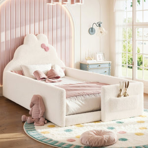 English Elm Twin Floor Bed with Cloud Headboard Teddy Fabric Guardrails and Side Storage Pocket Twin Beige W5305S00216