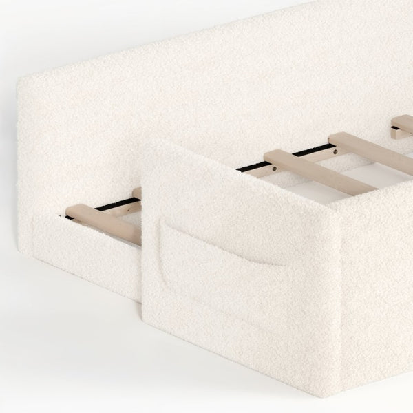 English Elm Twin Floor Bed with Cloud Headboard Teddy Fabric Guardrails and Side Storage Pocket Twin Beige W5305S00216