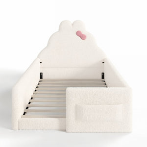 English Elm Twin Floor Bed with Cloud Headboard Teddy Fabric Guardrails and Side Storage Pocket Twin Beige W5305S00216