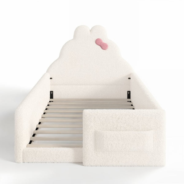 English Elm Twin Floor Bed with Cloud Headboard Teddy Fabric Guardrails and Side Storage Pocket Twin Beige W5305S00216