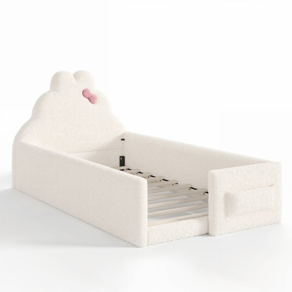 English Elm Twin Floor Bed with Cloud Headboard Teddy Fabric Guardrails and Side Storage Pocket Twin Beige W5305S00216