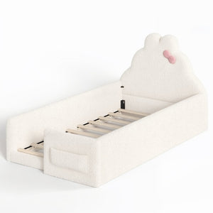 English Elm Twin Floor Bed with Cloud Headboard Teddy Fabric Guardrails and Side Storage Pocket Twin Beige W5305S00216