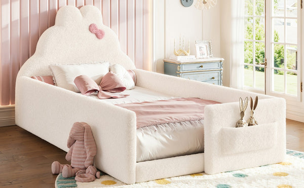 English Elm Twin Floor Bed with Cloud Headboard Teddy Fabric Guardrails and Side Storage Pocket Twin Beige W5305S00216