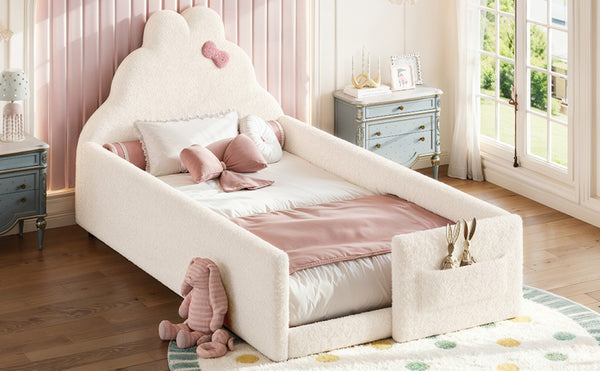 English Elm Twin Floor Bed with Cloud Headboard Teddy Fabric Guardrails and Side Storage Pocket Twin Beige W5305S00216