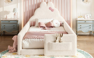 English Elm Twin Floor Bed with Cloud Headboard Teddy Fabric Guardrails and Side Storage Pocket Twin Beige W5305S00216