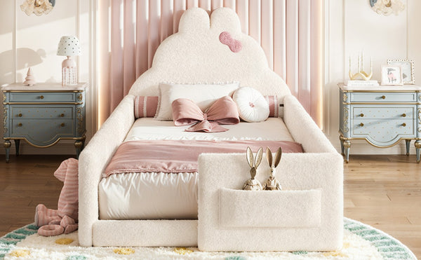 English Elm Twin Floor Bed with Cloud Headboard Teddy Fabric Guardrails and Side Storage Pocket Twin Beige W5305S00216