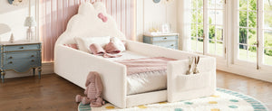 English Elm Twin Floor Bed with Cloud Headboard Teddy Fabric Guardrails and Side Storage Pocket Twin Beige W5305S00216