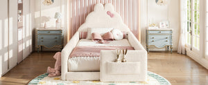 English Elm Twin Floor Bed with Cloud Headboard Teddy Fabric Guardrails and Side Storage Pocket Twin Beige W5305S00216