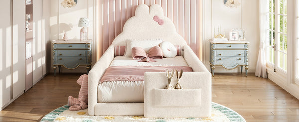 English Elm Twin Floor Bed with Cloud Headboard Teddy Fabric Guardrails and Side Storage Pocket Twin Beige W5305S00216