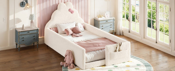 English Elm Twin Floor Bed with Cloud Headboard Teddy Fabric Guardrails and Side Storage Pocket Twin Beige W5305S00216
