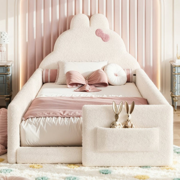 English Elm Twin Floor Bed with Cloud Headboard Teddy Fabric Guardrails and Side Storage Pocket Twin Beige W5305S00216