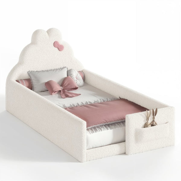 English Elm Twin Floor Bed with Cloud Headboard Teddy Fabric Guardrails and Side Storage Pocket Twin Beige W5305S00216