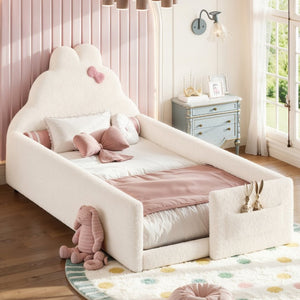 English Elm Twin Floor Bed with Cloud Headboard Teddy Fabric Guardrails and Side Storage Pocket Twin Beige W5305S00216