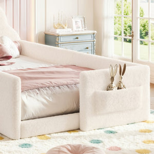 English Elm Twin Floor Bed with Cloud Headboard Teddy Fabric Guardrails and Side Storage Pocket Twin Beige W5305S00216