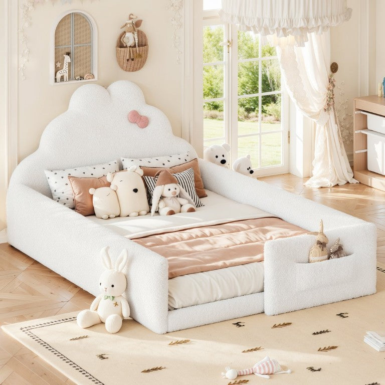 English Elm Twin Floor Bed with Cloud Headboard Teddy Fabric Guardrails and Side Storage Pocket Full Antique White W5305S00217