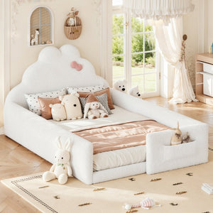 English Elm Twin Floor Bed with Cloud Headboard Teddy Fabric Guardrails and Side Storage Pocket Full Antique White W5305S00217