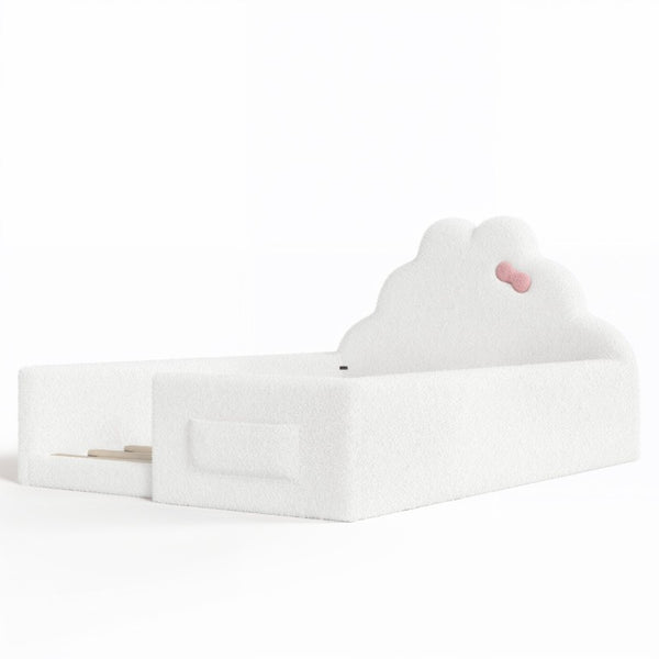 English Elm Twin Floor Bed with Cloud Headboard Teddy Fabric Guardrails and Side Storage Pocket Full Antique White W5305S00217