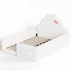 English Elm Twin Floor Bed with Cloud Headboard Teddy Fabric Guardrails and Side Storage Pocket Full Antique White W5305S00217