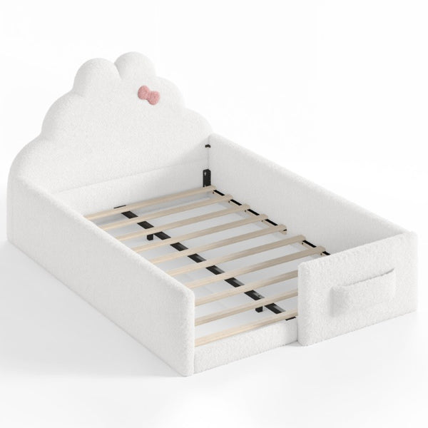 English Elm Twin Floor Bed with Cloud Headboard Teddy Fabric Guardrails and Side Storage Pocket Full Antique White W5305S00217