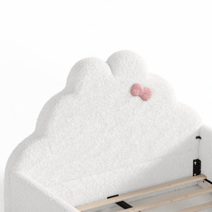 English Elm Twin Floor Bed with Cloud Headboard Teddy Fabric Guardrails and Side Storage Pocket Full Antique White W5305S00217