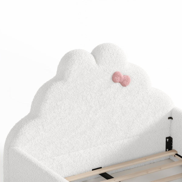 English Elm Twin Floor Bed with Cloud Headboard Teddy Fabric Guardrails and Side Storage Pocket Full Antique White W5305S00217