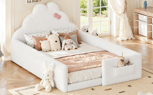 English Elm Twin Floor Bed with Cloud Headboard Teddy Fabric Guardrails and Side Storage Pocket Full Antique White W5305S00217