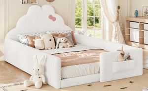 English Elm Twin Floor Bed with Cloud Headboard Teddy Fabric Guardrails and Side Storage Pocket Full Antique White W5305S00217