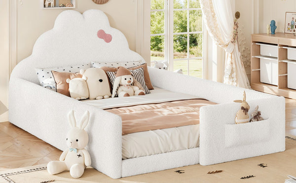 English Elm Twin Floor Bed with Cloud Headboard Teddy Fabric Guardrails and Side Storage Pocket Full Antique White W5305S00217