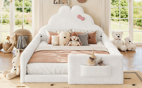 English Elm Twin Floor Bed with Cloud Headboard Teddy Fabric Guardrails and Side Storage Pocket Full Antique White W5305S00217