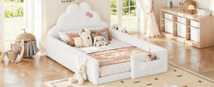English Elm Twin Floor Bed with Cloud Headboard Teddy Fabric Guardrails and Side Storage Pocket Full Antique White W5305S00217
