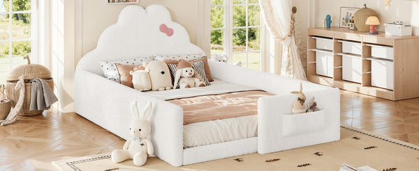 English Elm Twin Floor Bed with Cloud Headboard Teddy Fabric Guardrails and Side Storage Pocket Full Antique White W5305S00217