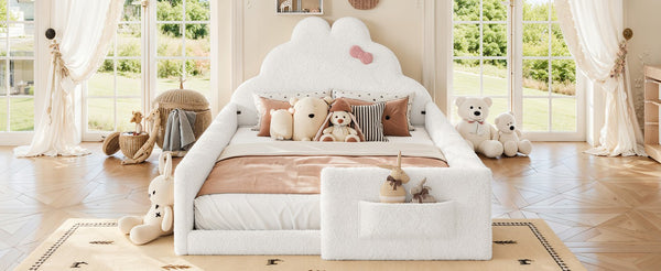 English Elm Twin Floor Bed with Cloud Headboard Teddy Fabric Guardrails and Side Storage Pocket Full Antique White W5305S00217