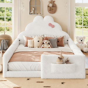 English Elm Twin Floor Bed with Cloud Headboard Teddy Fabric Guardrails and Side Storage Pocket Full Antique White W5305S00217