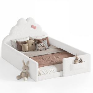 English Elm Twin Floor Bed with Cloud Headboard Teddy Fabric Guardrails and Side Storage Pocket Full Antique White W5305S00217