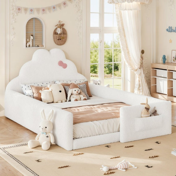 English Elm Twin Floor Bed with Cloud Headboard Teddy Fabric Guardrails and Side Storage Pocket Full Antique White W5305S00217