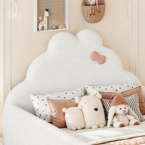 English Elm Twin Floor Bed with Cloud Headboard Teddy Fabric Guardrails and Side Storage Pocket Full Antique White W5305S00217
