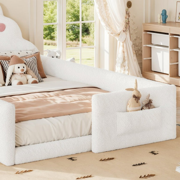 English Elm Twin Floor Bed with Cloud Headboard Teddy Fabric Guardrails and Side Storage Pocket Full Antique White W5305S00217
