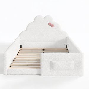 English Elm Twin Floor Bed with Cloud Headboard Teddy Fabric Guardrails and Side Storage Pocket Full Antique White W5305S00217