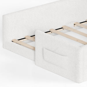 English Elm Twin Floor Bed with Cloud Headboard Teddy Fabric Guardrails and Side Storage Pocket Full Antique White W5305S00217