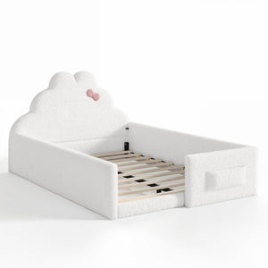 English Elm Twin Floor Bed with Cloud Headboard Teddy Fabric Guardrails and Side Storage Pocket Full Antique White W5305S00217