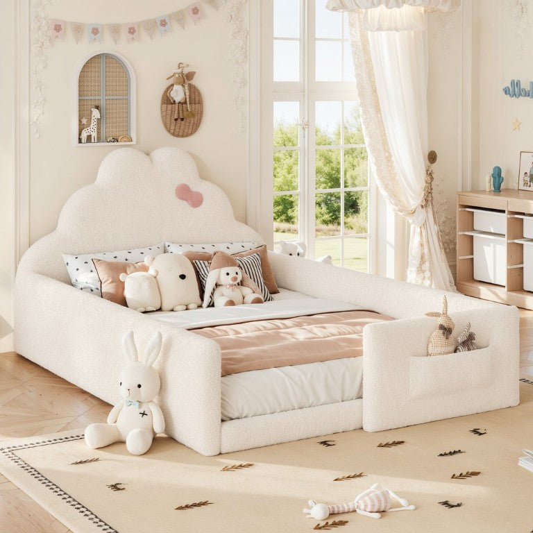 English Elm Full Size Low Profile Kids Floor Bed Teddy Upholstered with Guardrails and Storage Pocket Beige 79.33 L x 56.89 W x 37.4 H Teddy W5305S00218