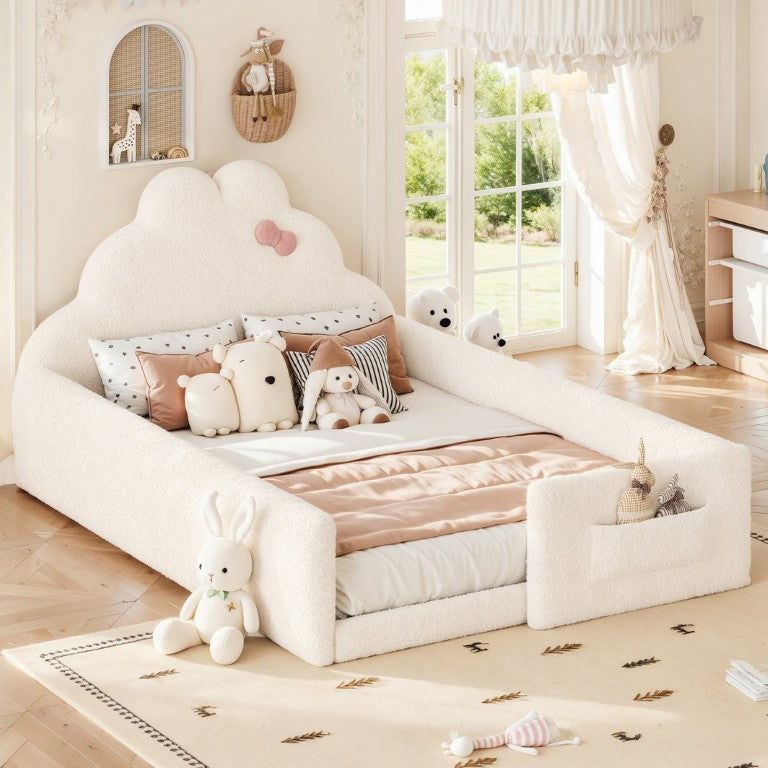English Elm Full Size Low Profile Kids Floor Bed Teddy Upholstered with Guardrails and Storage Pocket Beige 79.33 L x 56.89 W x 37.4 H Teddy W5305S00218