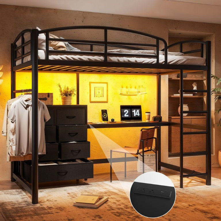 English Elm Twin Metal Loft Bed with Integrated Desk LED Lighting and Fabric Storage Drawers W5305S00219