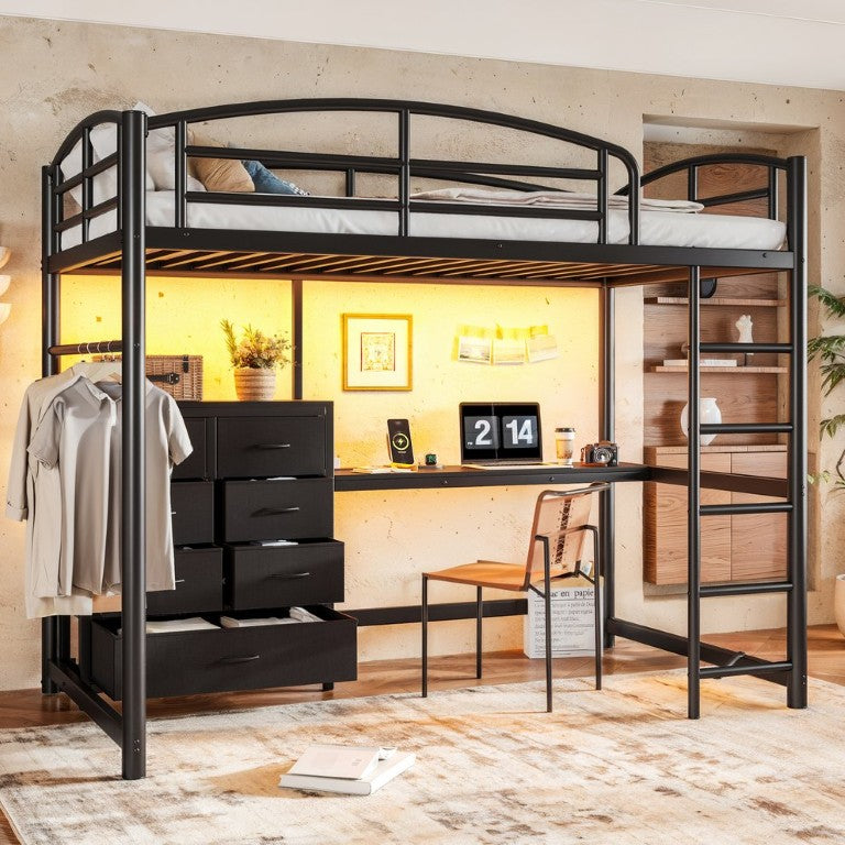 English Elm Twin Metal Loft Bed with Integrated Desk LED Lighting and Fabric Storage Drawers W5305S00219