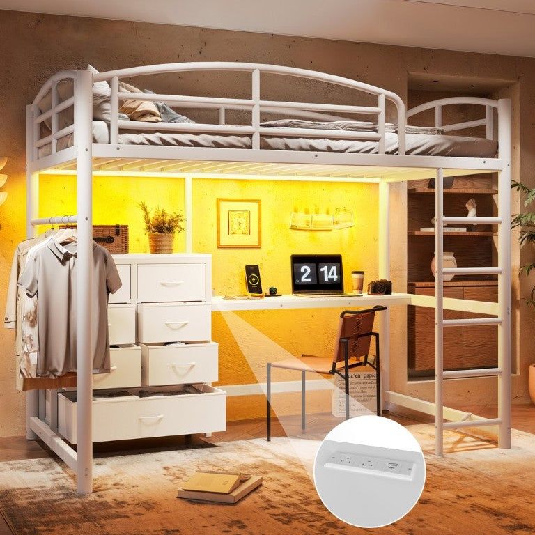 English Elm Twin Metal Loft Bed with Built-In Desk LED Lighting and Fabric Drawers for Teens W5305S00220