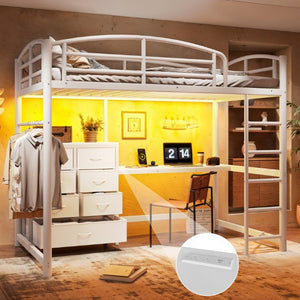 English Elm Twin Metal Loft Bed with Built-In Desk LED Lighting and Fabric Drawers for Teens W5305S00220