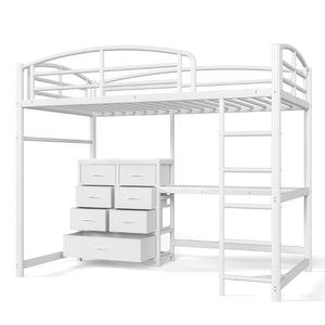English Elm Twin Metal Loft Bed with Built-In Desk LED Lighting and Fabric Drawers for Teens W5305S00220
