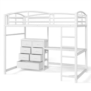 English Elm Twin Metal Loft Bed with Built-In Desk LED Lighting and Fabric Drawers for Teens W5305S00220